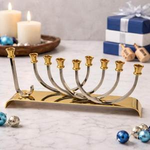 Gold <b>Silver</b> Curved Metal Menorah Candle Holder Hanukkah Decorative Table Display Premium Festival Decoration Piece - Product Image 1