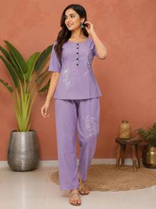 Ensemble Kurta en coton violet pour femme, motif dessiné à la main, coupe ample, longueur cheville, tenue décontractée ethnique style Inde Pakistan, toutes saisons - Product Image 1