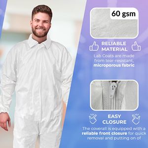 Combinaisons jetables pour hommes femmes grande taille Pack 25 blanc laboratoire microporeux peintres costume 60 GSM étanche fermeture éclair élastique - Product Image 3