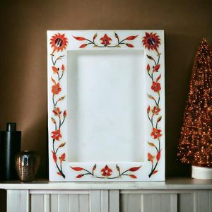 Cadre photo en marbre blanc très demandé, motif floral, fait main, en pierre naturelle, à suspendre au mur, pour la décoration intérieure et les cadeaux - Product Image 1