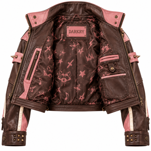Oferta del Fabricante: Chaqueta Bomber de Cuero Genuino Marrón para Mujer con Diseño Gráfico Vintage de Mapache y Tachuelas, OEM/ODM - Product Image 5