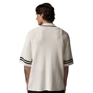<b>Men</b> Crochet Knitted Baseball <b>Shirt</b> Short Sleeve Button Down Stripe Trim Casual Summer Knit Top OEM Wholesale Supply - Product Image 5