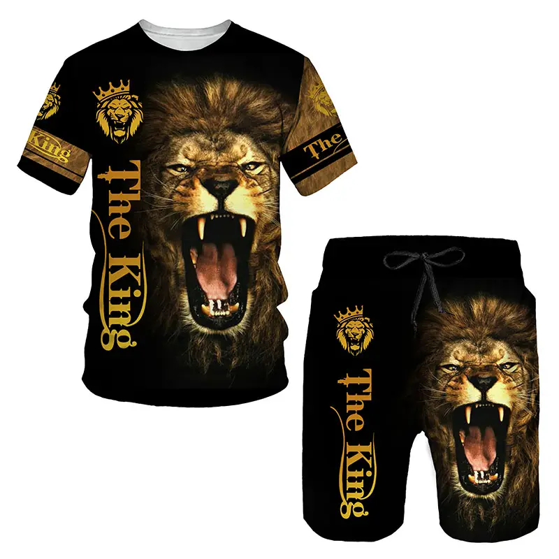 Ferocious lion summer 3D false pocket printing men's T-shirt shorts suit men's sportswear O-neck short-sleeved suit