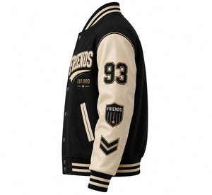 <b>Men's</b> Varsity <b>Jacket</b> with Black body Cream <b>Leather</b> sleeves Embroidered Patch Design Preppy Style Autumn Wear Varsity <b>Jacket</b> - Product Image 4