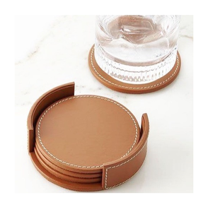 Round Leather <b>Coasters</b> Set With Non Slip Design For Table Mats Modern Style Brown And <b>Blue</b> Color table mat for dining Classic - Product Image 3