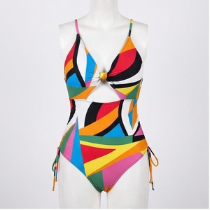Women One Piece Swimsuit Geometric Print <b>Crossed</b> Halter Twist Design Tie Side Drawstring Stretch Bikini Beachwear - Product Image 1