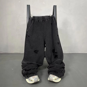 High Quality Acid Wash Distressed Casual Men Canvas Mid Wide Leg Baggy Sweatpants 450 GSM Fleece Heavyweight <b>Flared</b> Trousers - Product Image 5