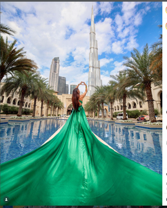 New Arrival Stunning <b>Emerald</b> Green Flying <b>Dress</b> Photoshoot in Dubai Featuring Iconic Burj Khalifa Background Palace Downtown - Product Image 1
