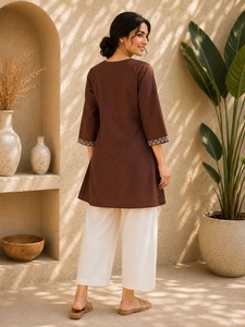 <b>Women</b> Brown Embroidered Cotton <b>Kurti</b> With White Pants Loose Fit Ethnic Casual Wear Set India Pakistan Style All Seasons - Product Image 3