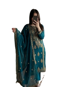 Soft Smooth Heavy Chinnon <b>Silk</b> <b>Fabric</b> Full Embroidery Sleeve Pattern Straight Cut Border Women's Salwar Kameez Dupatta Set Party - Product Image 1