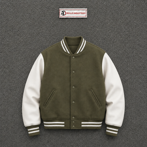 <b>Men's</b> Olive Green Varsity <b>Jacket</b> <b>White</b> Sleeve Casual Fleece Baseball Coat Turn-down Collar Button Closure Autumn Wear <b>MENS</b> FASHI - Product Image 5