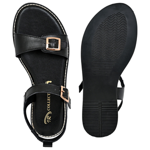 IR COLLECTION Sandales plates gladiateur en cuir noir de qualité supérieure pour femme, à double boucle, style coréen, légères et confortables, tendance - Product Image 3