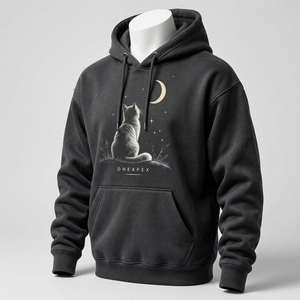 Sweat à capuche personnalisé pour homme, motif chat noir et lune, style streetwear décontracté, imprimé animal, vente en gros OEM ODM - Product Image 3