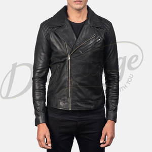 เสื้อแจ็คเก็ตหนังสีดำสำหรับผู้ชาย แบบนักขี่มอเตอร์ไซค์ ตกแต่งลายเพชรที่ไหล่ หนังแกะแท้ ทรงเข้ารูป สำหรับฤดูใบไม้ร่วงและฤดูหนาว แบบซิป - Product Image 1
