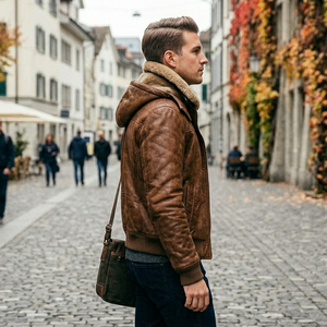 Veste en cuir classique pour homme avec fermeture éclair et coupe ajustée, veste d'hiver en cuir élégante pour homme avec col rabattable - Product Image 2