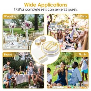175pcs Disposable Gold Dinnerware Set Gold Rim Plastic Plates Cups Fork Spoon Knife Paper Napkins for Party Wedding Graduation - Product Image 2