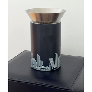 Metal Round Incense <b>Burner</b> Accompanied By Matching Presentation Leather Box Featuring Elegant <b>Silver</b> Skyline Engraving Design - Product Image 1