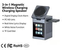 Stasiun Pengisi Daya Nirkabel Cepat Multi-Fungsi dengan Layar Sentuh, Speaker Bluetooth, Jam Alarm untuk Ponsel Pintar, Jam Tangan, dan Earbud