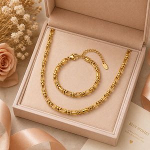 Geometric Link Chain Jewelry Set Gold Plated <b>Necklace</b> and Bracelet Unisex Classic Style - Product Image 4