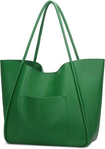 Green Genuine Leather Tote Bag Women Casual Minimalist Large Capacity Shoulder Strap Open <b>Top</b> Daily Use Handbag - Product Image 6