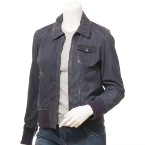 Blouson bomber en cuir PU bleu foncé pour femme, fermeture éclair intégrale, col rabattable, coupe-vent, style automne - Product Image 2