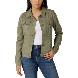 Women's Olive Green Denim Jacket Long Sleeve Turn-<b>down</b> Collar Solid Color Casual Button Front Autumn Wear - Product Image 6