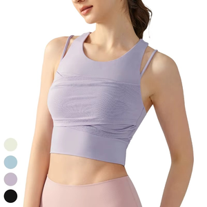 Breathable Quick Dry Casual Sleeveless Workout Wear O-Neck Sports Bra <b>Top</b> Fixed Pads Regular Length <b>Racer</b> Back Tank <b>Top</b> Front - Product Image 3
