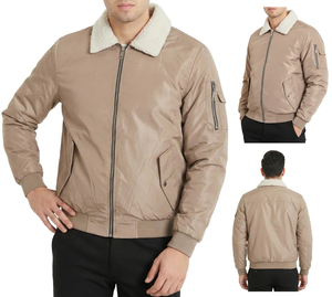 Chaqueta Bomber Beige para Hombre, Cuello de Piel Sintética, Cierre de Cremallera, Resistente al Viento, Ropa Exterior Informal de Invierno, Corte Regular, Exterior de Poliéster Grueso - Product Image 1