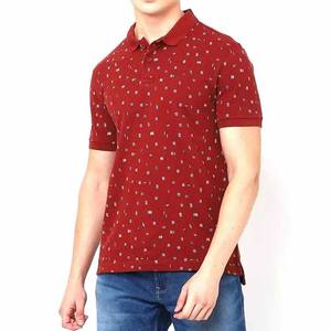 Polo de algodón de manga corta con estampado geométrico rojo para hombre, informal, transpirable, Oxford, corte regular. - Product Image 1