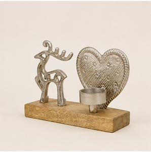 Silver Metal Reindeer And Heart Tealight Candle Holder Natural Wood Base Rustic Christmas Table Centerpiece Home Holiday Decor - Product Image 1
