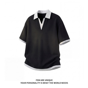 Camiseta de Golf de Manga Corta de Dos Piezas, Nueva Tendencia de Verano, Sin Arrugas, Transpirable, de Spandex/Algodón, para Hombre, con Cuello en V y Diseño de Parches - Product Image 2