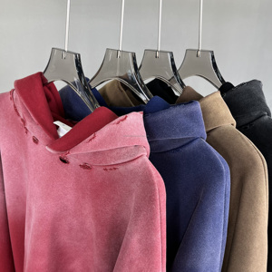 Conjunto de sudadera con capucha y pantalones de chándal desgastados lavados con ácido en blanco de 450 GSM de peso pesado de gran tamaño de felpa francesa gris Vintage personalizado - Product Image 3