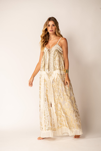 Vestido Maxi Elegante Beige para Mujer, Cuello en V, Cintura Alta, 100% Algodón Ecológico, Estampado Digital, con Volantes, Fluido, para Vacaciones de Verano - Product Image 2
