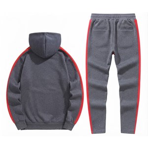 Custom Men's Gray <b>Red</b> Color Blocking Hooded Tracksuit Set Casual Knitted Cotton Autumn Wear Activewear Joggers Sweatshirt Pants - Product Image 2