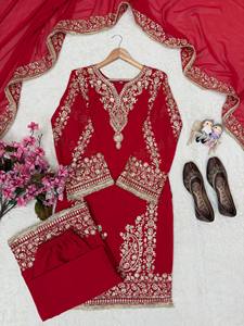 Conjunto de Salwar Kameez de Secado Rápido con Bordado Rojo FOUX GEROTTE, Traje Étnico Indio Pakistaní para Mujer, Manga Larga, para Bodas y Fiestas - Product Image 6