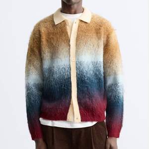 Cardigan en mohair pour hommes grandes tailles, couleur dégradée, jacquard, manches longues, col à revers, boutons - Product Image 2