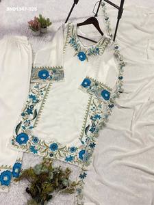 Traje de diseñador en georgette sintético con diseño floral bordado con hilo, corte palazzo, con borde y conjunto de dupatta, a precio mayorista. - Product Image 5