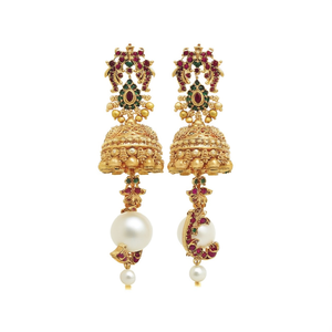 Peacock Style Jhumka Earrings with Attached Mattal in Pearl and Ruby - Product Image 3