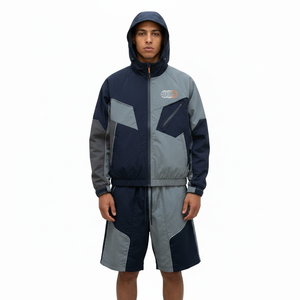 <b>Men</b> Color Blocking Tracksuit Hooded <b>Jacket</b> Shorts Set Breathable Polyester Casual Autumn Wear Regular Fit Drawstring Closure - Product Image 4