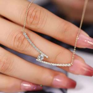 Wholesale 925 <b>Silver</b> 10K/14K <b>Solid</b> Gold Round Lab Grown Diamond Split Curved Diamond Bar <b>Necklace</b> for Women Statement Jewelry - Product Image 2