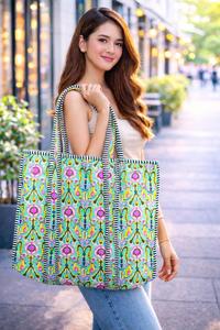 Handmade Vintage Large Tote Handbag Quilted <b>Patchwork</b> Indian Cotton Washable Grocery <b>Bag</b> Printed Design for Women's Daily Use - Product Image 4