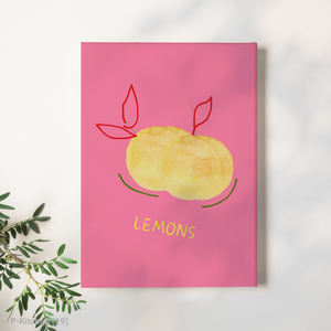 Art mural moderne pour cuisine, citrons abstraits sur fond rose pastel, art fruitier aquarelle, décoration vibrante pour salle à manger - Product Image 1