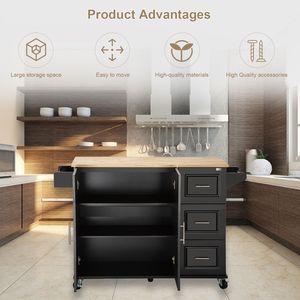 Carrello da Cucina Moderno con Funzione Mobile, Piano in Legno di Gomma e Grande Ripiano Regolabile all'Interno dell'Armadio per Diversi Usi - Product Image 1
