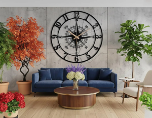 Oversized Large Metal Compass Wall <b>Clock</b>, Silent Modern Nautical Home Decor - Product Image 3
