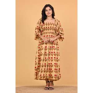 Robe maxi à imprimé floral 100% coton écologique pour femmes, style bohème, à manches longues, pour les fêtes d'été indiennes - Product Image 1