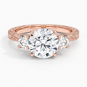 Bague de fiançailles vintage à trois pierres en diamant taille ronde avec bande gravée en milgrain, or massif 10K, certifiée IGI - Product Image 5