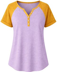 T-shirt pour femme en coton doux, coupe ample décontractée, manches courtes, col Henley, manches raglan, couleurs lavande et jaune moutarde, idéal pour l'été - Product Image 1
