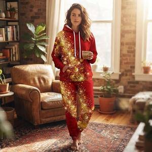 Women Winter Hooded Tracksuit <b>Red</b> Gold Print Full Length Casual Sublimation Polyester Pants Set With Side Pockets Drawstring - Product Image 6