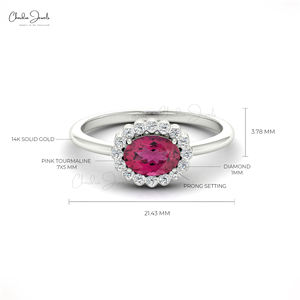Bague de mariage en or massif 14 carats avec tourmaline rose ovale véritable 7x5mm sertie de diamants, disponible en gros (OEM/ODM) - Product Image 5