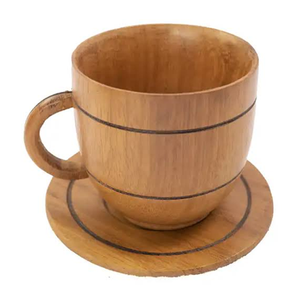 Tasse à thé en bois moderne avec soucoupe, poignée ronde, design rétro, vaisselle écologique pour café et thé - Product Image 1